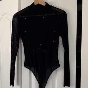 superdown Black Sheer Long-Sleeve Sparkle Bodysuit